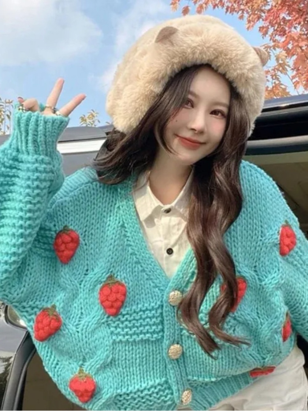 3D Strawberry Sweet
Cardigan Women Loose
Long Sleeve Fashion
Knitted Sweater